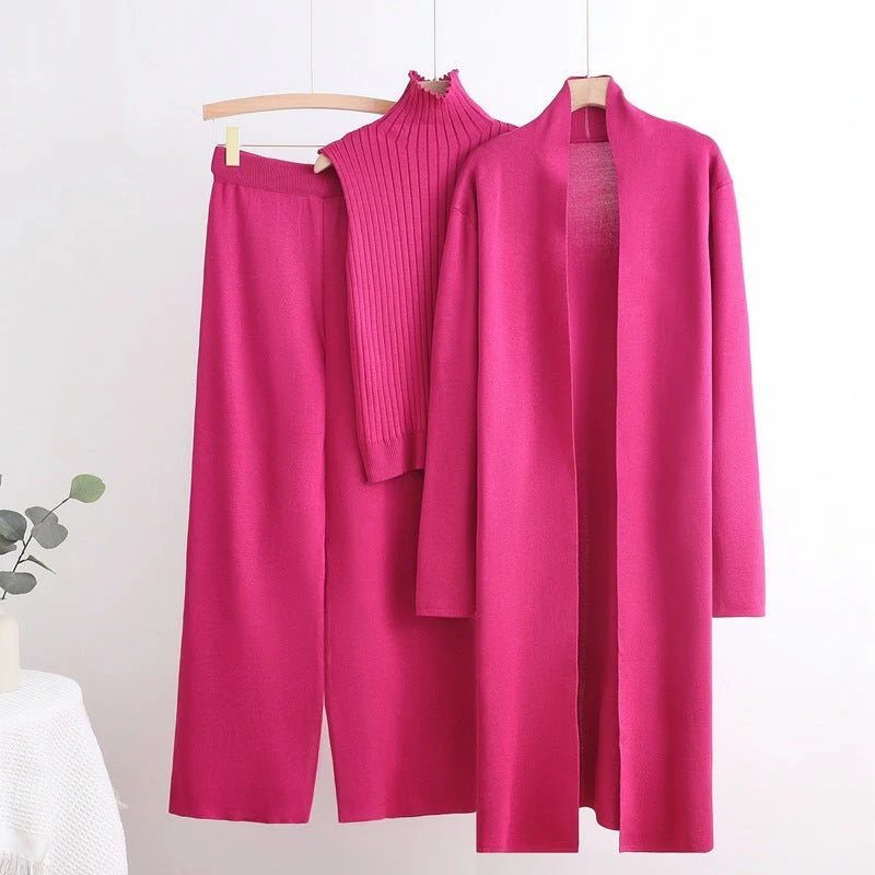 The Goddess Ensemble | Three-Piece High Collar Sweater & Wide Leg Pants Set