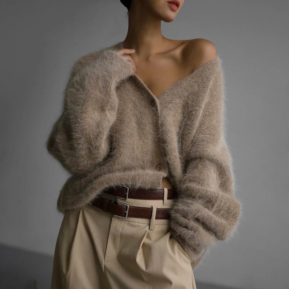 The Golden Mink | Solid Color V-Neck Long-Sleeve Cardigan Sweater