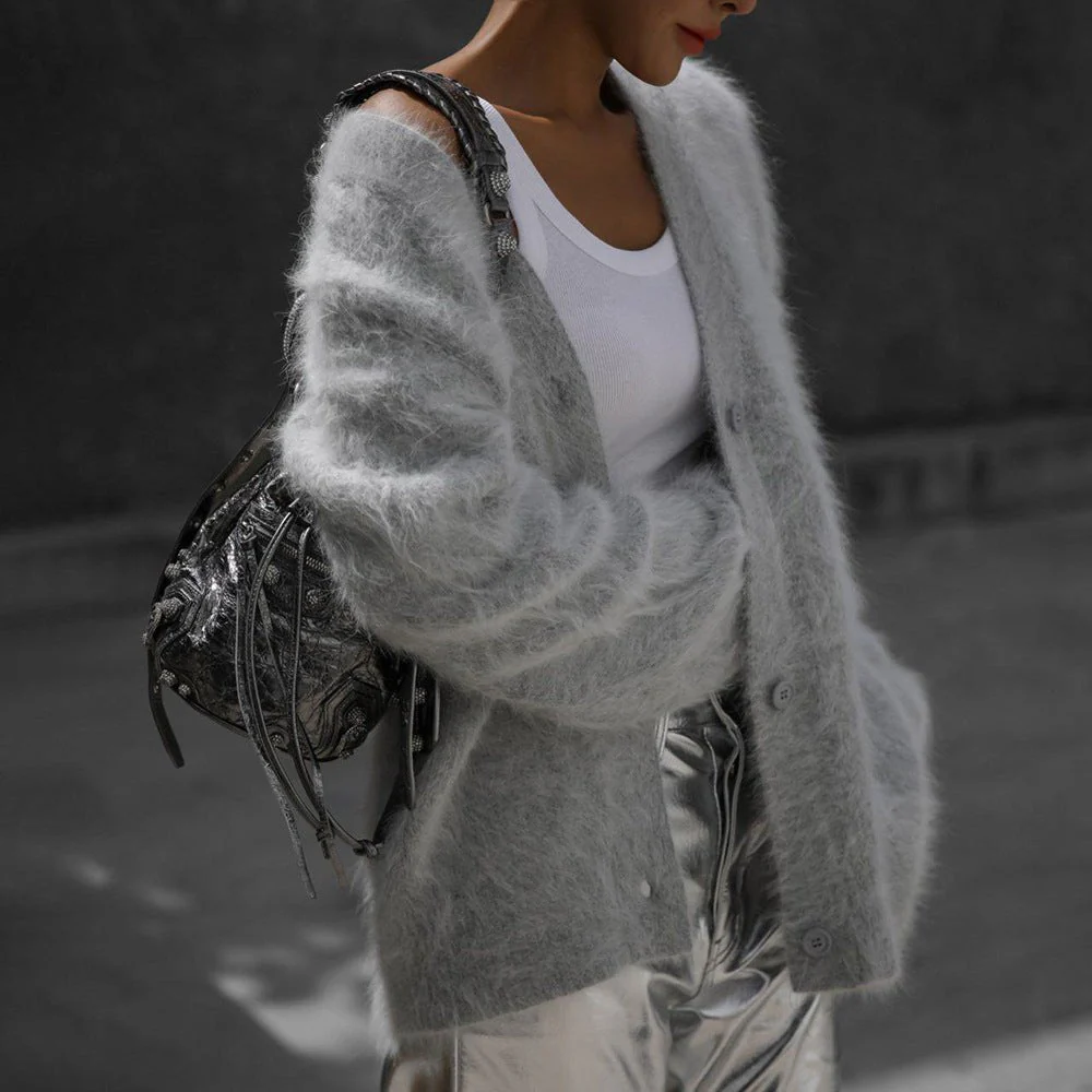 The Golden Mink | Solid Color V-Neck Long-Sleeve Cardigan Sweater - Image 4