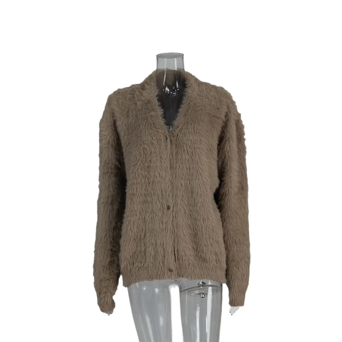 The Golden Mink | Solid Color V-Neck Long-Sleeve Cardigan Sweater - Image 5