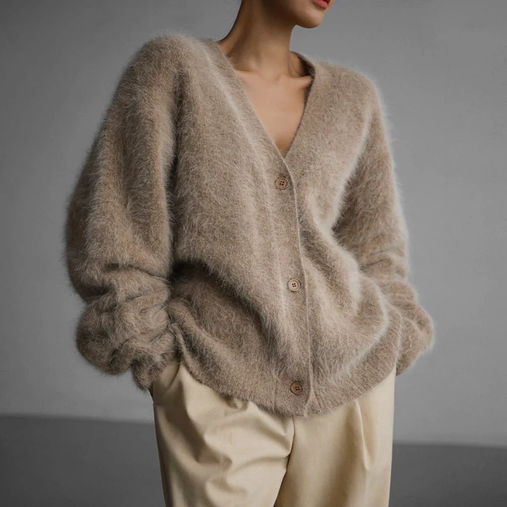 The Golden Mink | Solid Color V-Neck Long-Sleeve Cardigan Sweater - Image 6