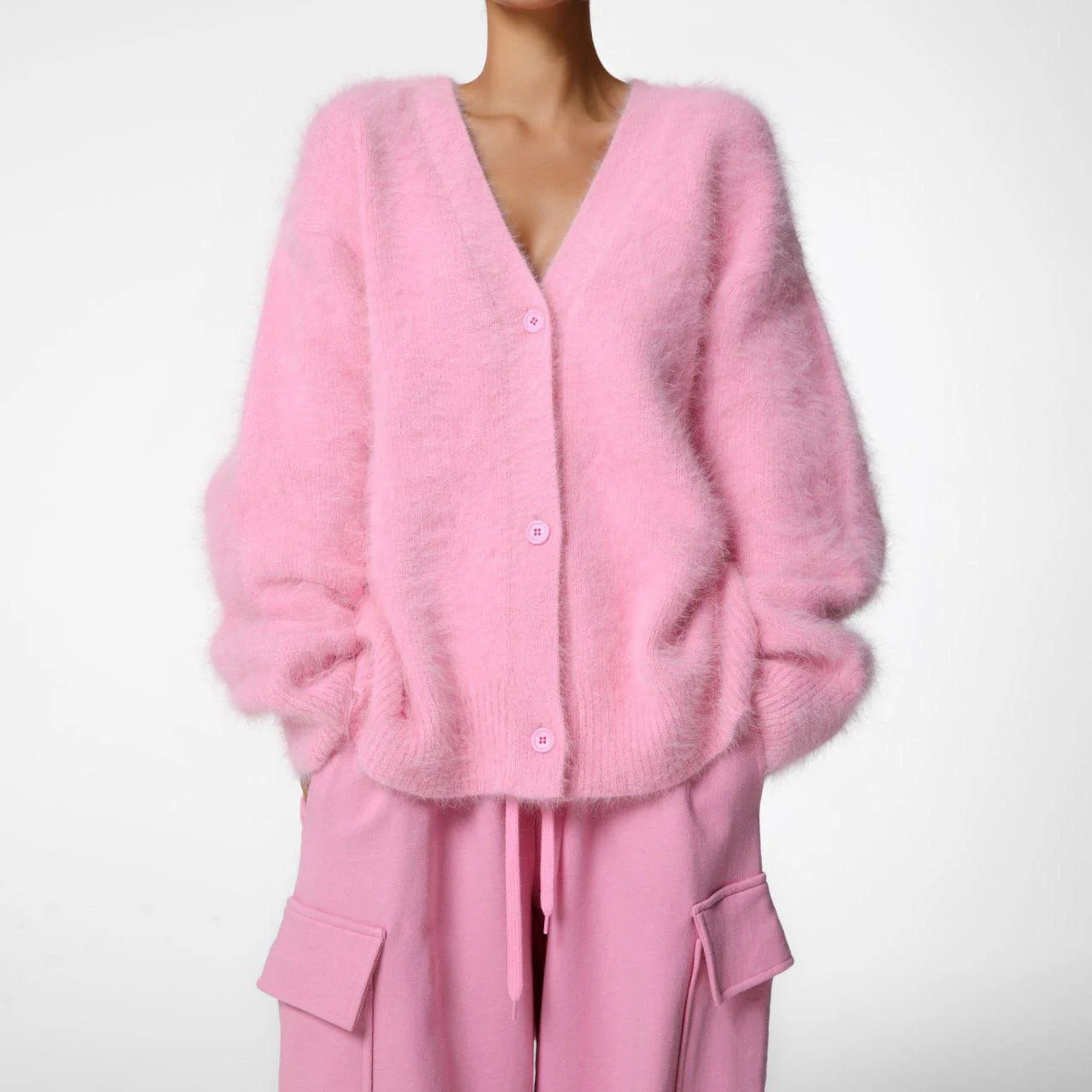 The Golden Mink | Solid Color V-Neck Long-Sleeve Cardigan Sweater - Image 7