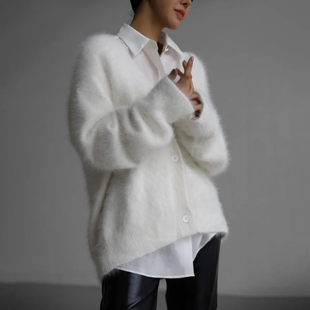 The Golden Mink | Solid Color V-Neck Long-Sleeve Cardigan Sweater - Image 8