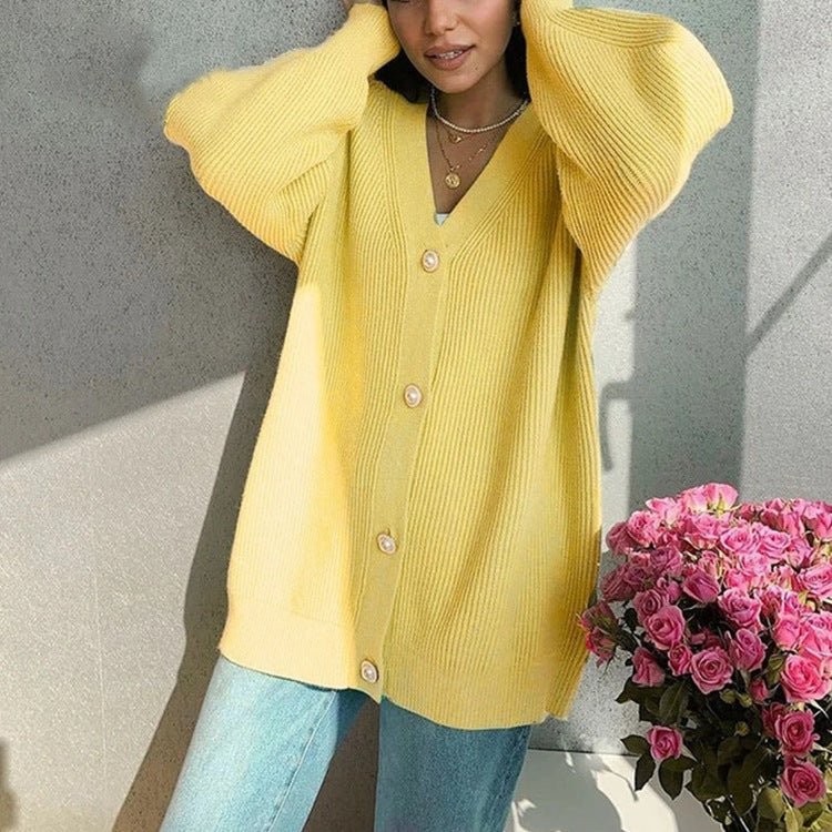 The Graceful Bloom | Women's V-Neck Bubble Sleeve Cardigan Sweater - Image 11