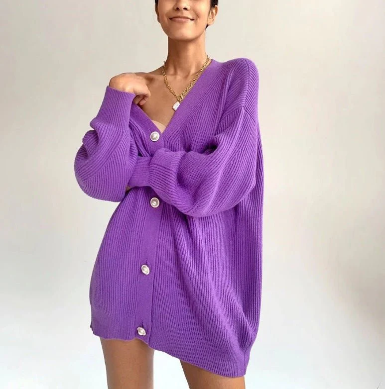 The Graceful Bloom | Women's V-Neck Bubble Sleeve Cardigan Sweater - Image 12