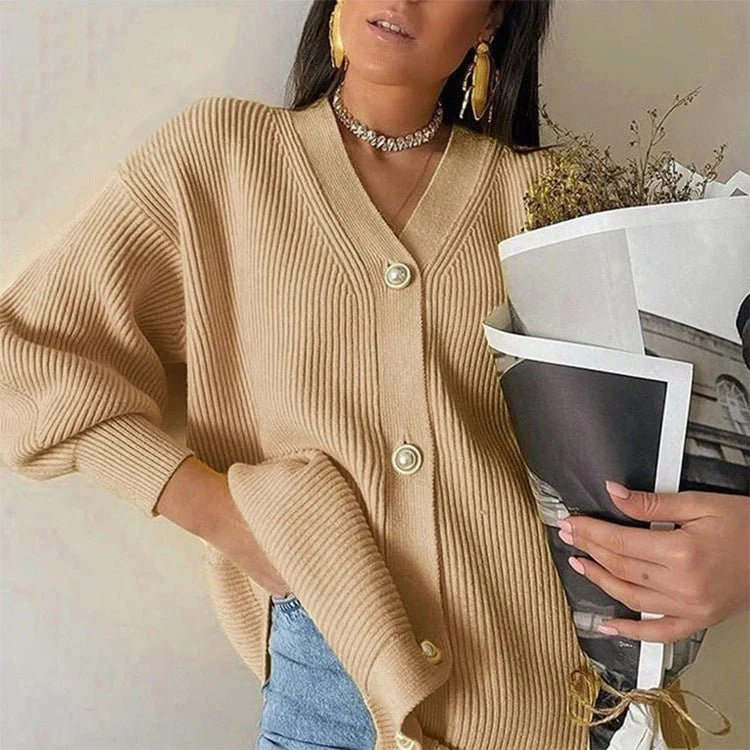 The Graceful Bloom | Women's V-Neck Bubble Sleeve Cardigan Sweater - Image 14
