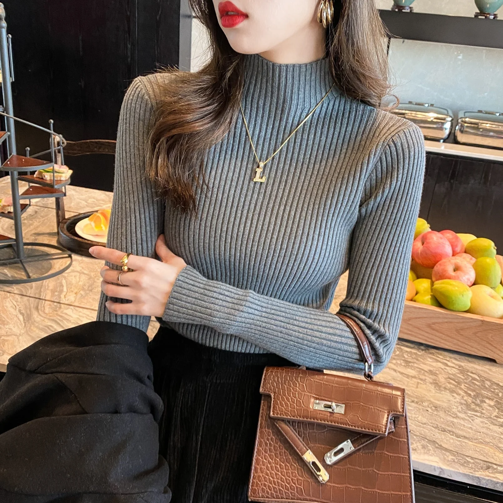 The Graceful Contour | Women's Slim-Fit Semi-Turtleneck Pullover Sweater - Image 10