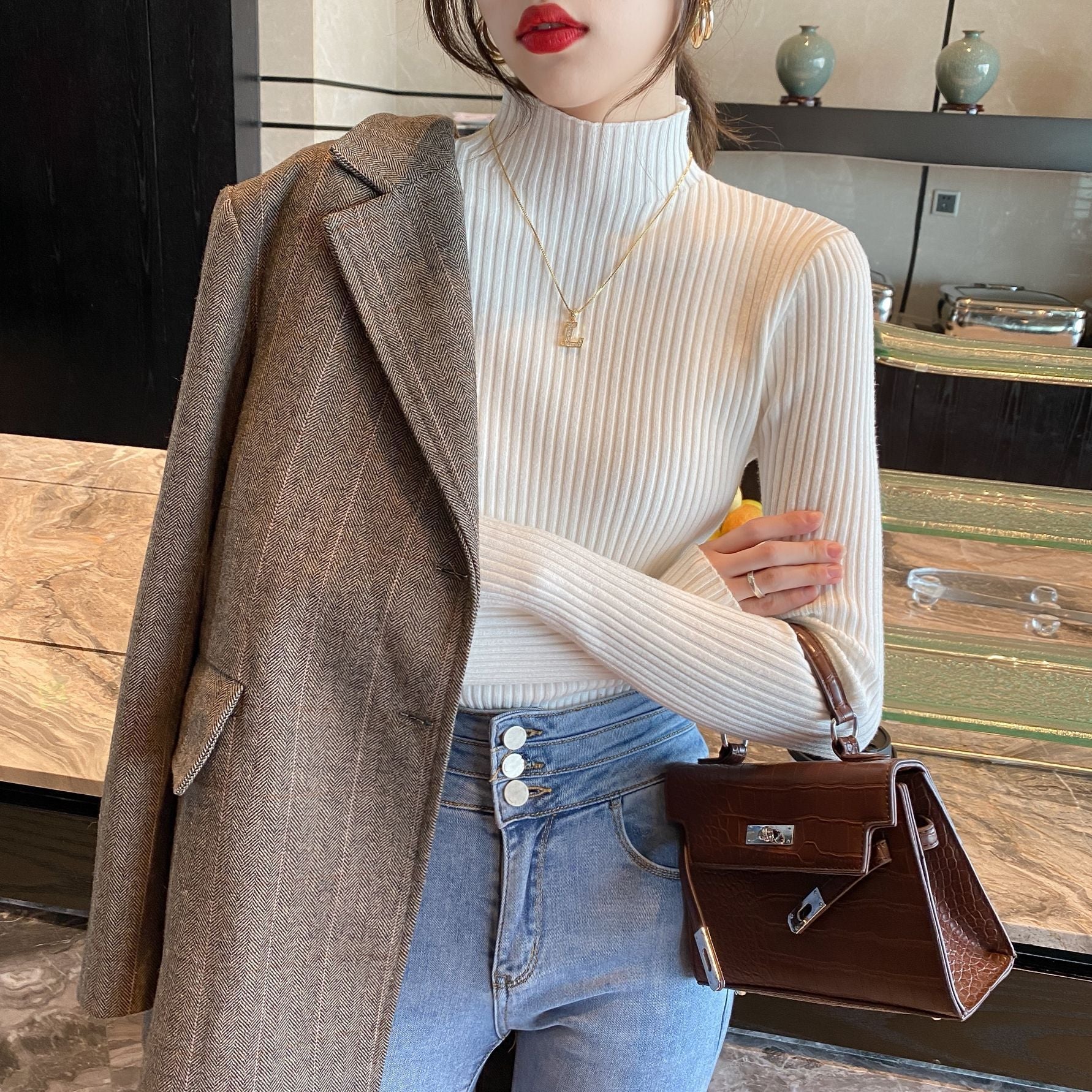 The Graceful Contour | Women's Slim-Fit Semi-Turtleneck Pullover Sweater - Image 6