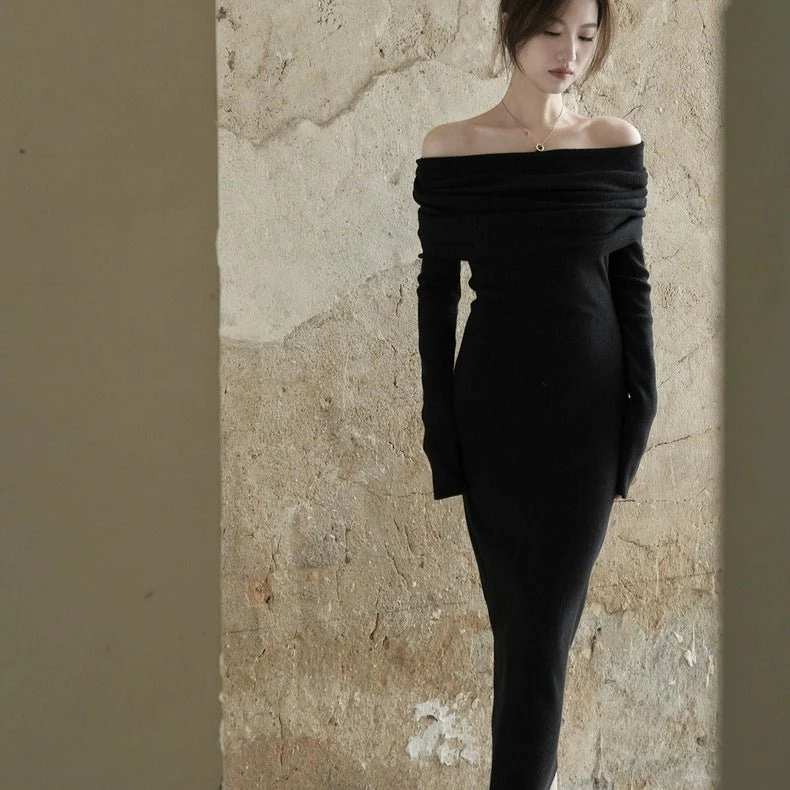 The Graceful Drape | Solid Color One-Shoulder Slim-Fit Extended Knit Pullover Dress - Image 3