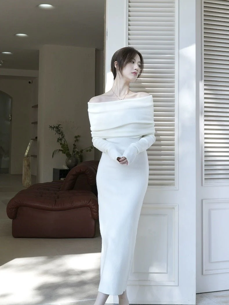 The Graceful Drape | Solid Color One-Shoulder Slim-Fit Extended Knit Pullover Dress - Image 7