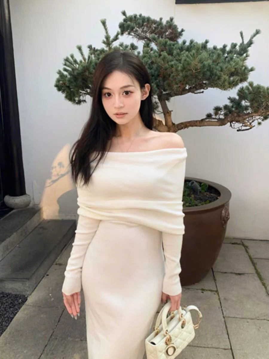 The Graceful Drape | Solid Color One-Shoulder Slim-Fit Extended Knit Pullover Dress - Image 8