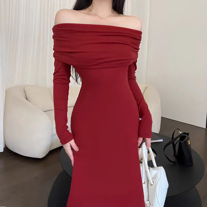 The Graceful Drape | Solid Color One-Shoulder Slim-Fit Extended Knit Pullover Dress - Image 9