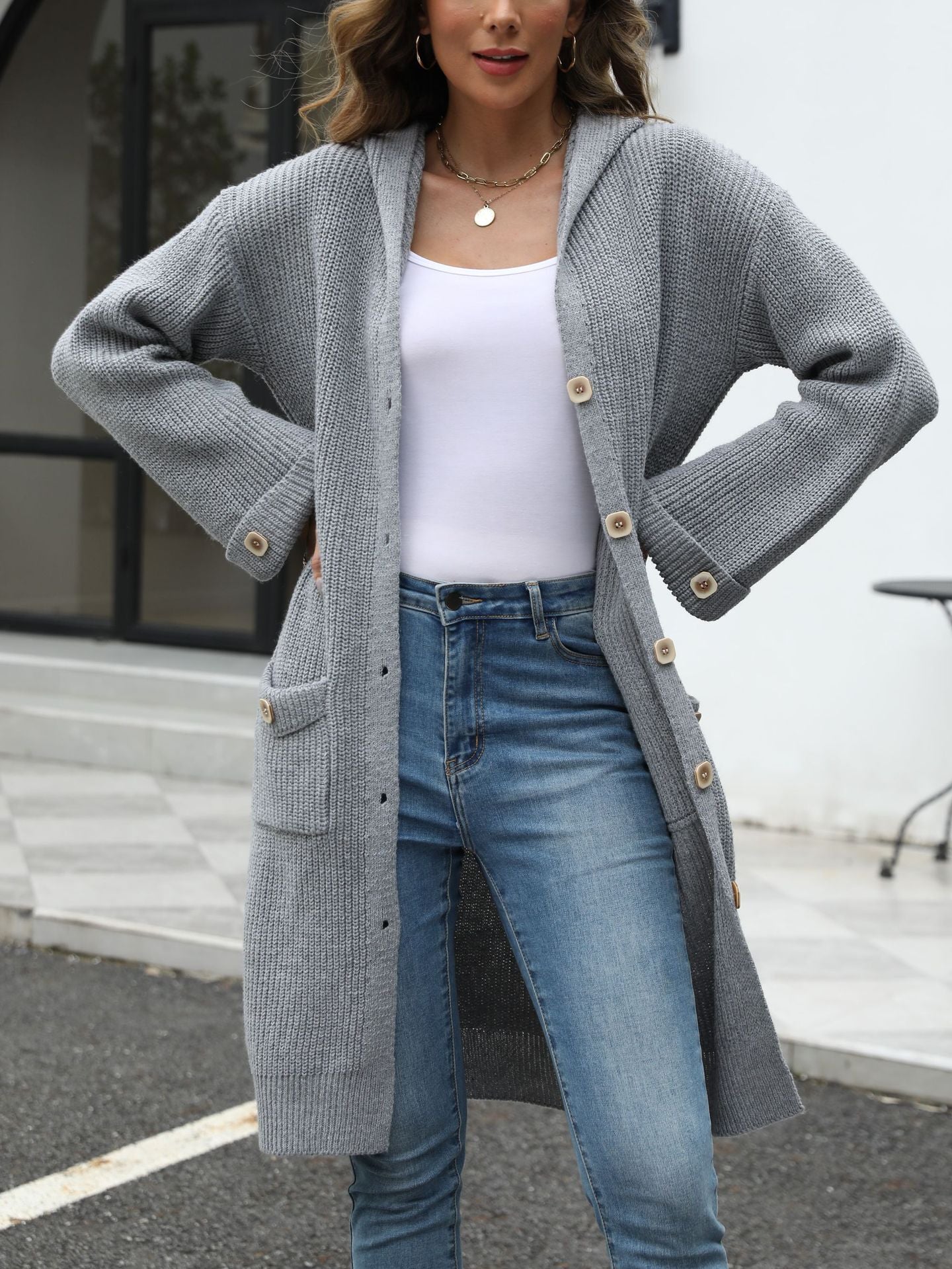 The Graceful Drape | Women's Long V-Neck Bell Sleeve Cardigan - Image 6