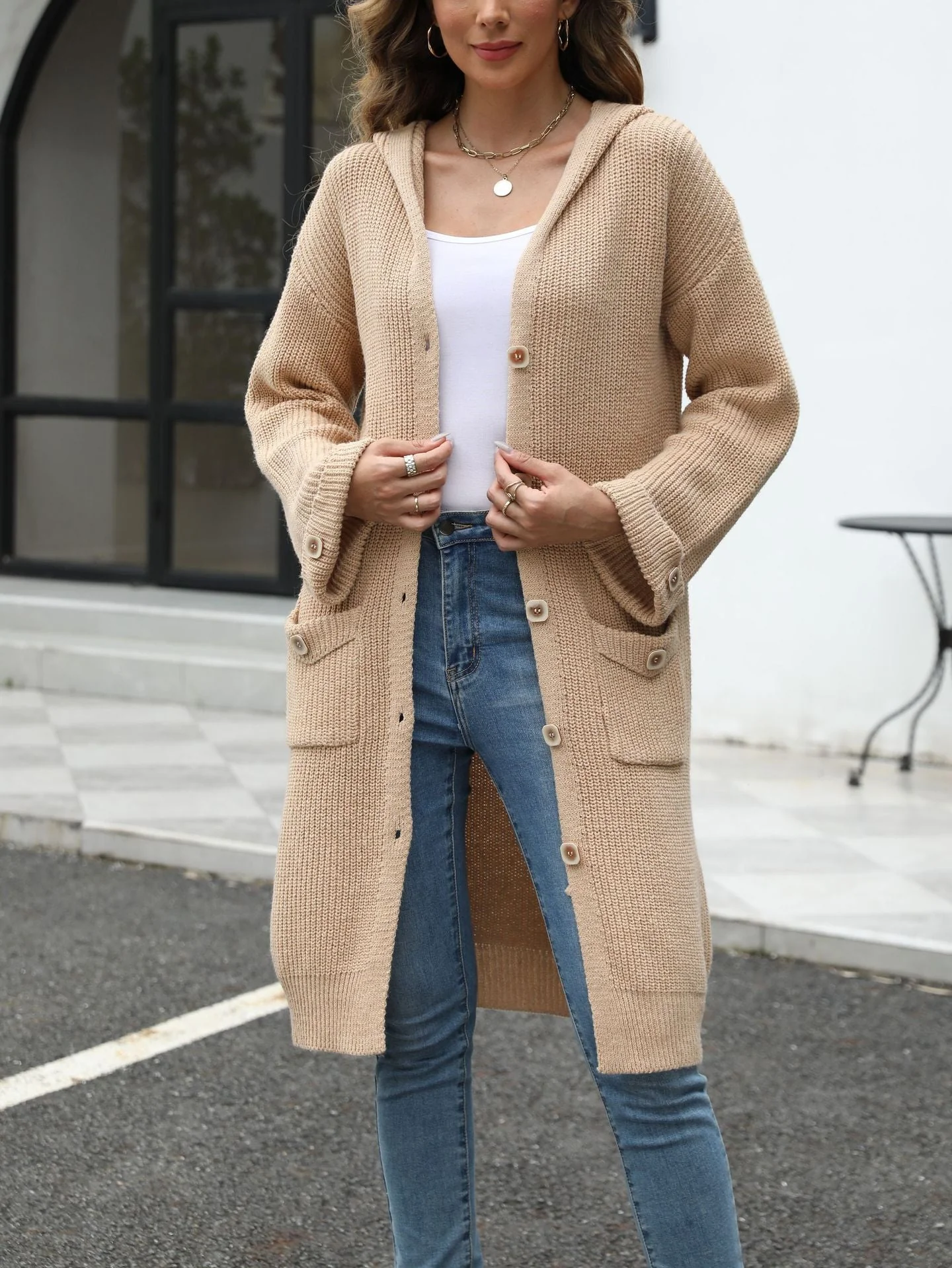 The Graceful Drape | Women's Long V-Neck Bell Sleeve Cardigan - Image 7