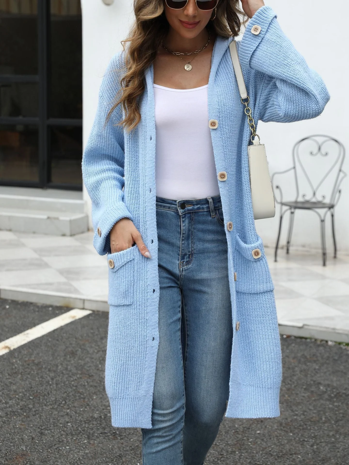 The Graceful Drape | Women's Long V-Neck Bell Sleeve Cardigan - Image 8
