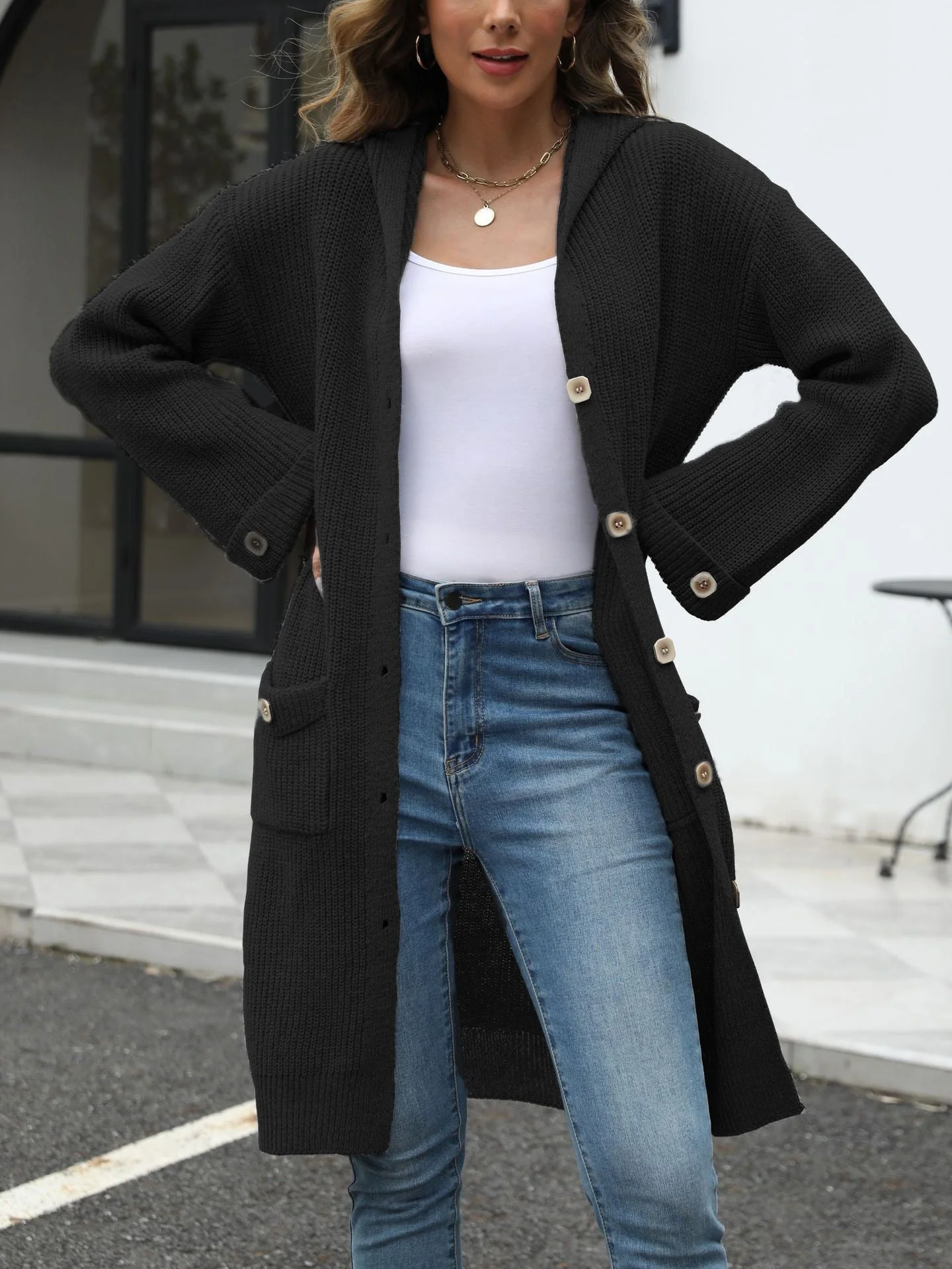 The Graceful Drape | Women's Long V-Neck Bell Sleeve Cardigan - Image 9