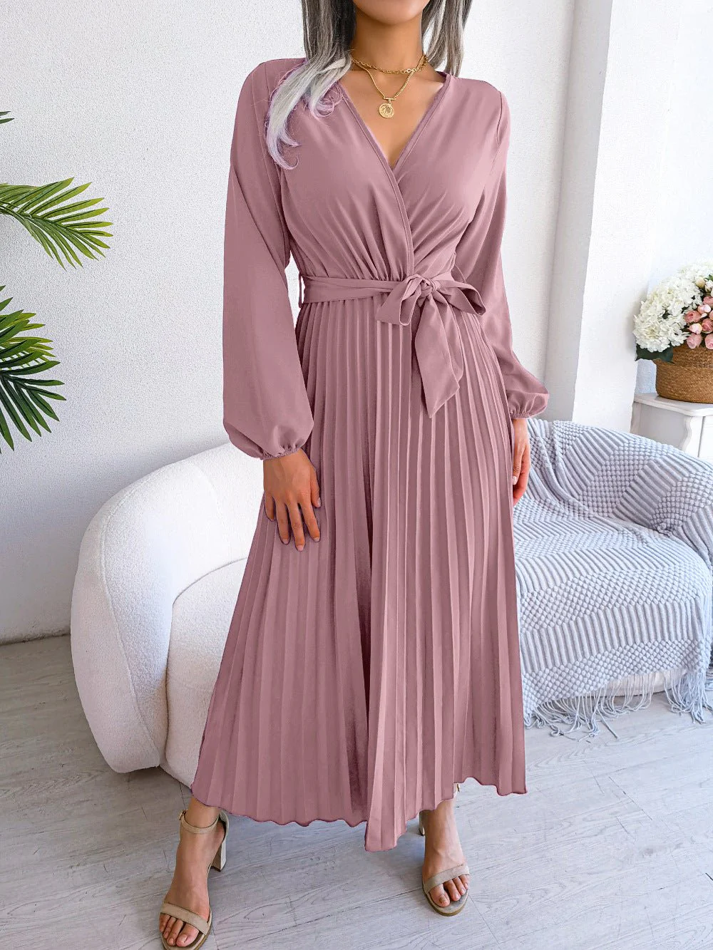 The Graceful Flow | Solid Color V-Neck Ruffled Pleated Maxi Dress - Image 10