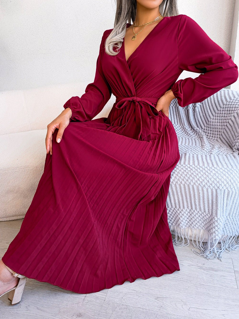 The Graceful Flow | Solid Color V-Neck Ruffled Pleated Maxi Dress - Image 12