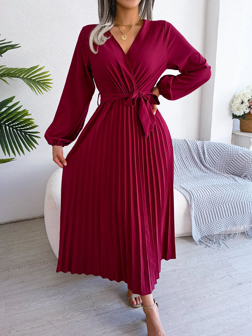 The Graceful Flow | Solid Color V-Neck Ruffled Pleated Maxi Dress - Image 14