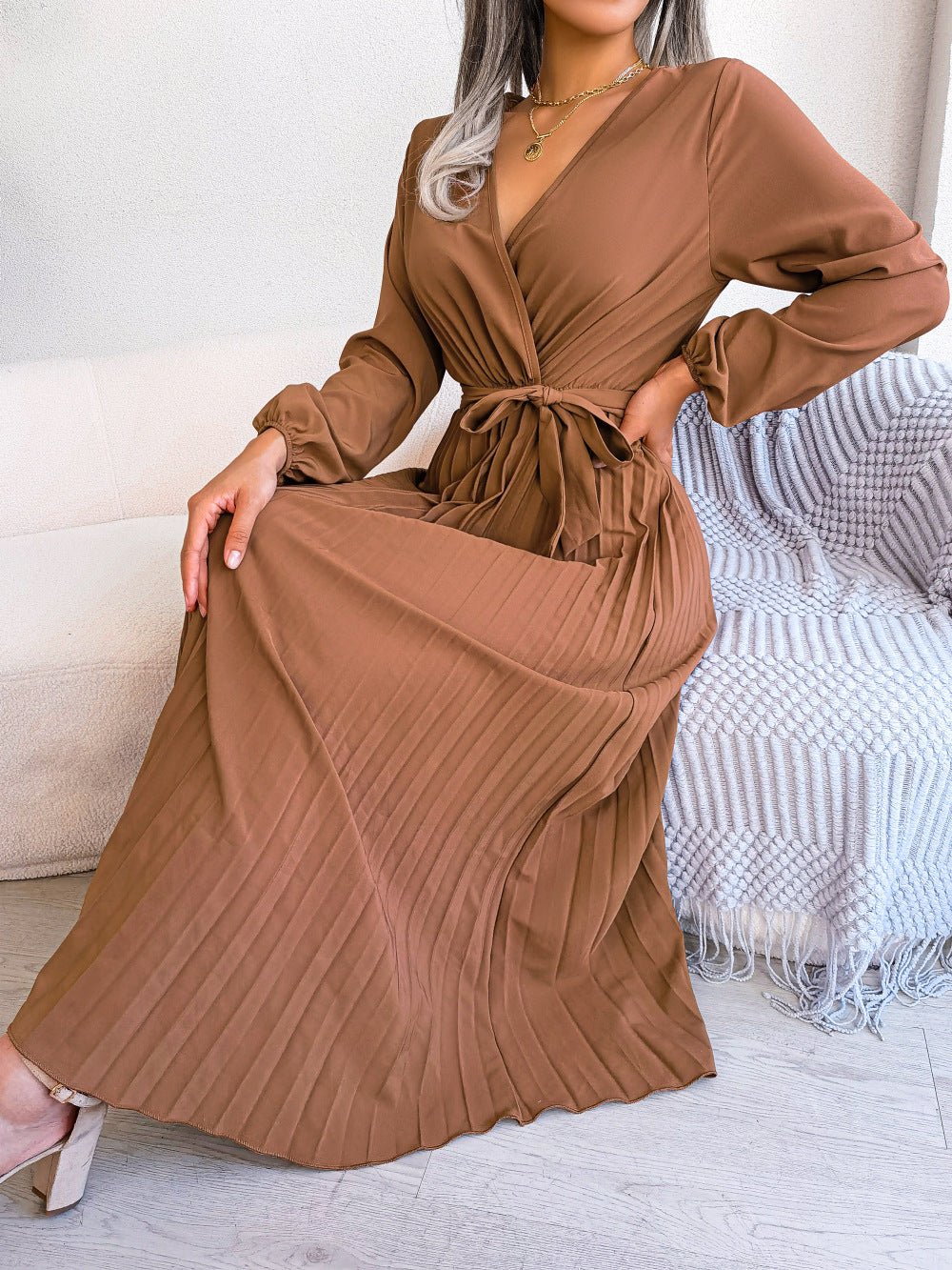 The Graceful Flow | Solid Color V-Neck Ruffled Pleated Maxi Dress - Image 17