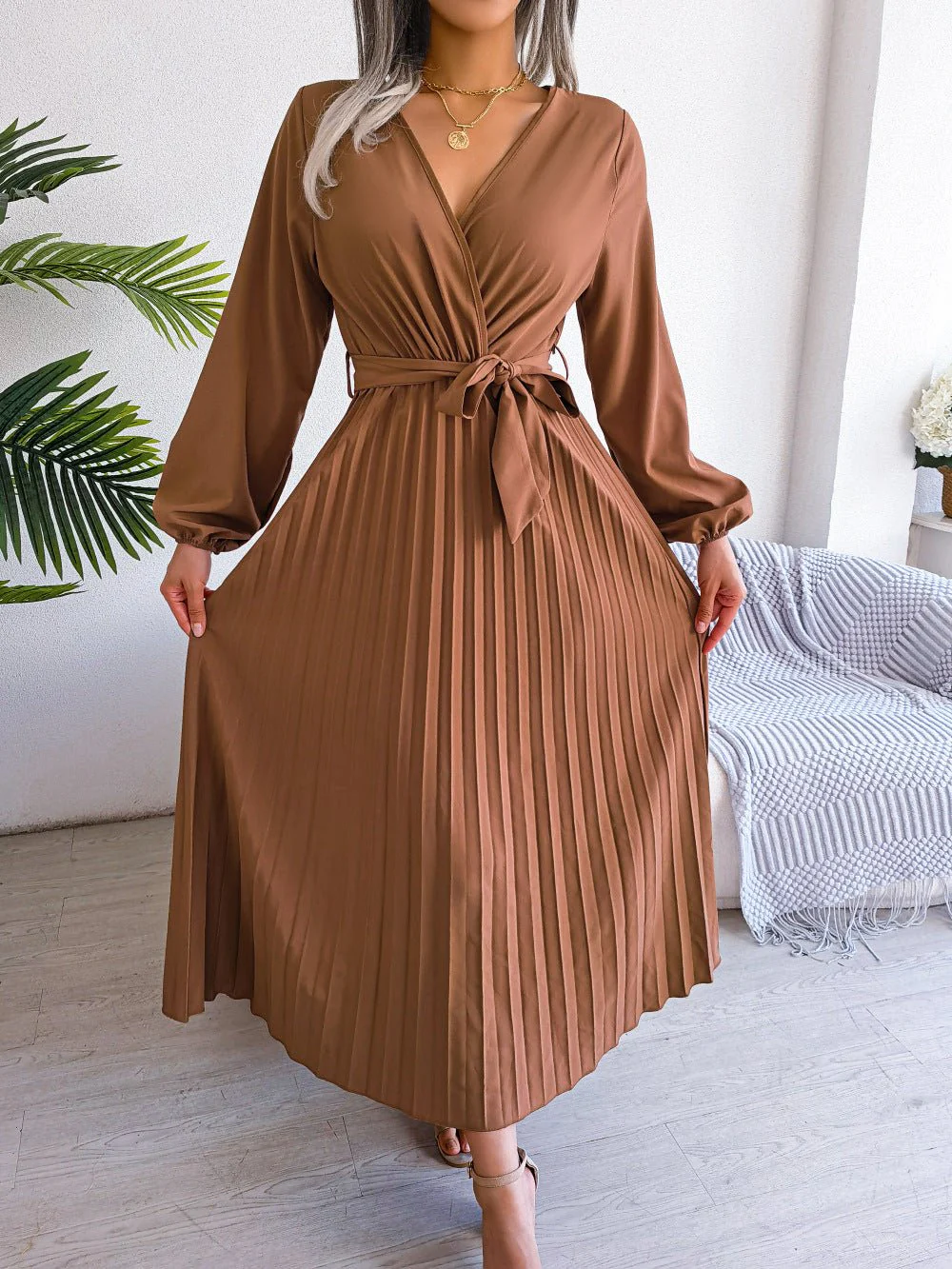 The Graceful Flow | Solid Color V-Neck Ruffled Pleated Maxi Dress - Image 18