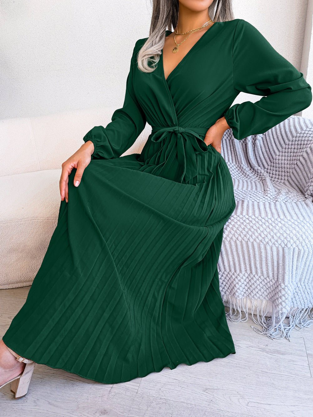 The Graceful Flow | Solid Color V-Neck Ruffled Pleated Maxi Dress - Image 19