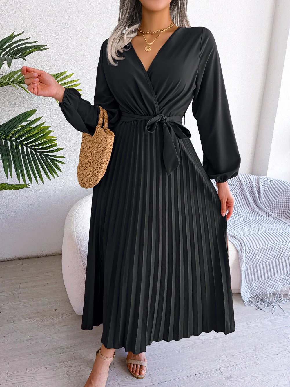 The Graceful Flow | Solid Color V-Neck Ruffled Pleated Maxi Dress - Image 2