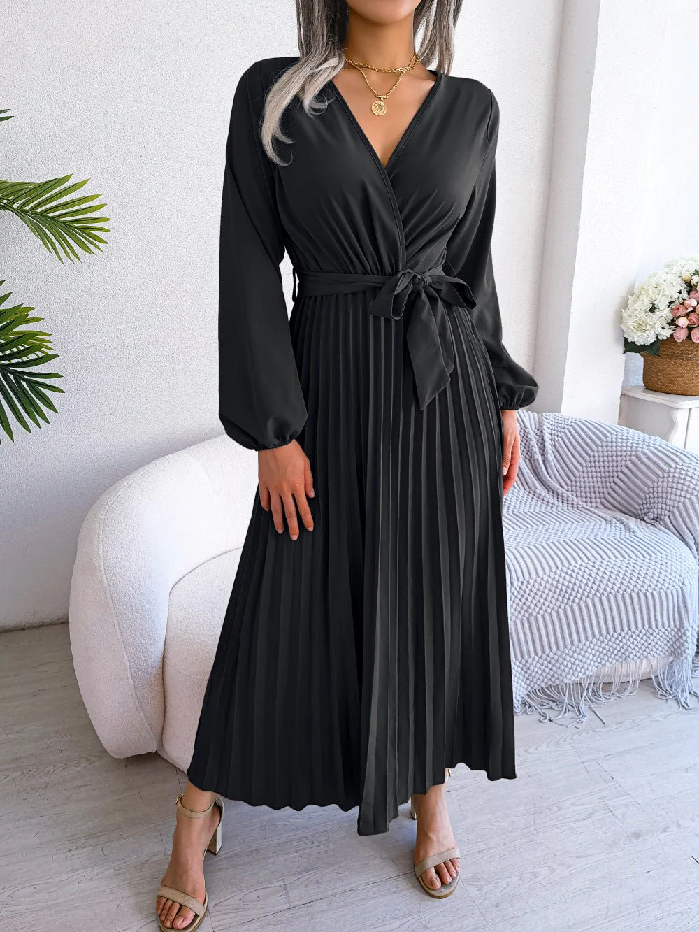 The Graceful Flow | Solid Color V-Neck Ruffled Pleated Maxi Dress - Image 22