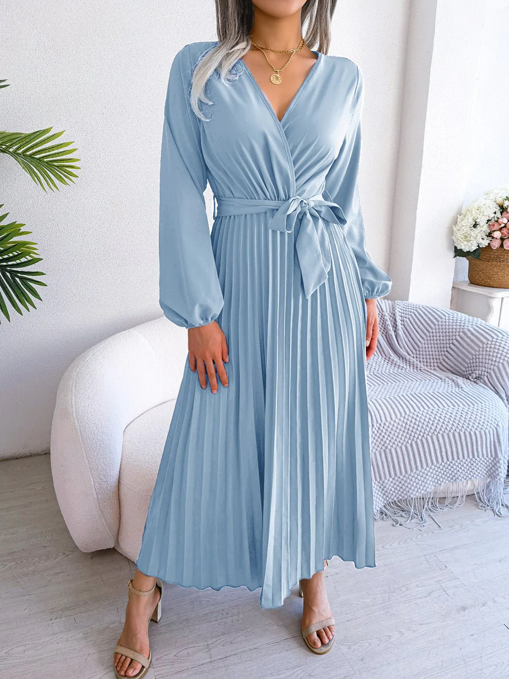 The Graceful Flow | Solid Color V-Neck Ruffled Pleated Maxi Dress - Image 23