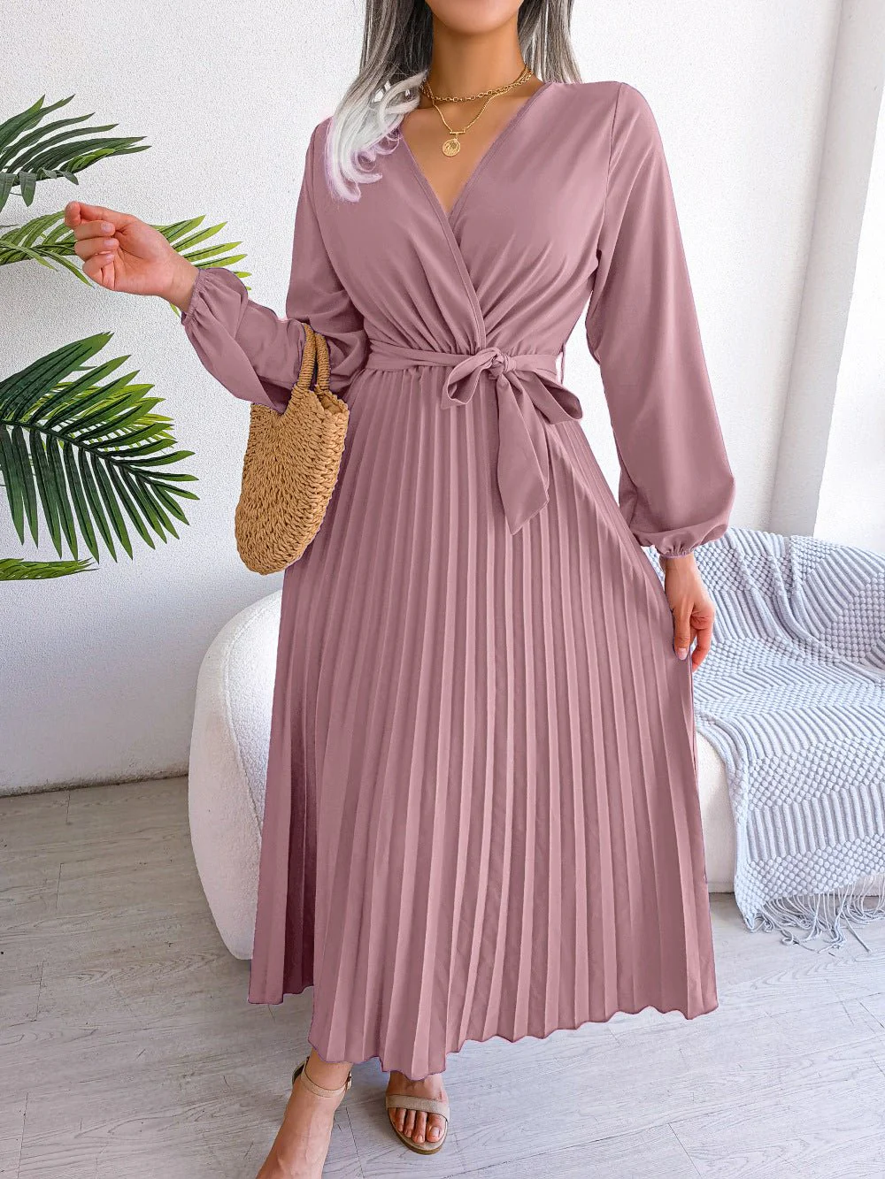 The Graceful Flow | Solid Color V-Neck Ruffled Pleated Maxi Dress - Image 24