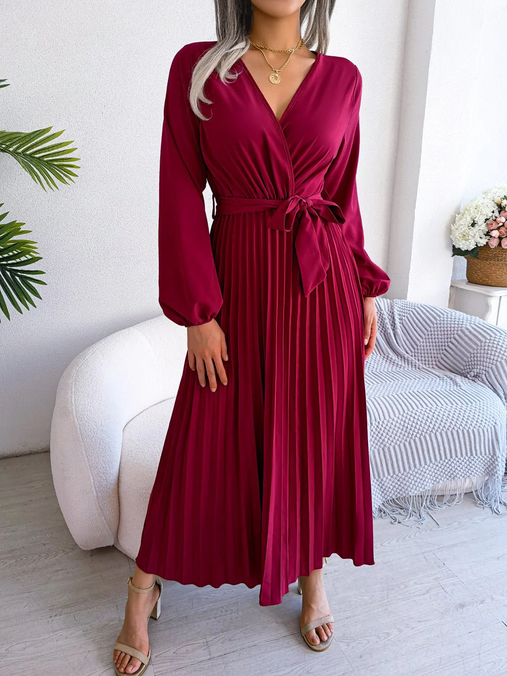 The Graceful Flow | Solid Color V-Neck Ruffled Pleated Maxi Dress - Image 25
