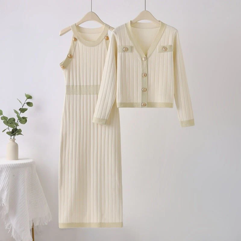 The Graceful Layer | Solid Color Ribbed Sweater Jacket & Pleated Midi Skirt Set - Image 3