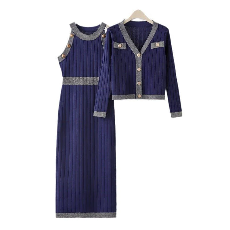 The Graceful Layer | Solid Color Ribbed Sweater Jacket & Pleated Midi Skirt Set - Image 5