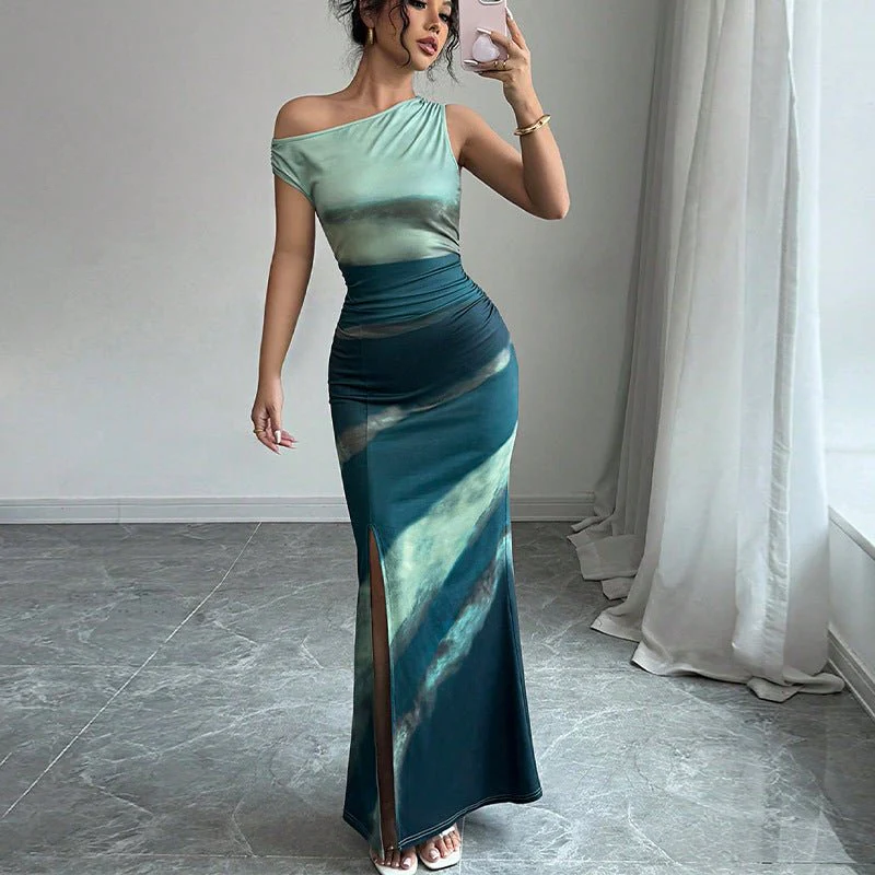 The Gradient Edge | Women's Asymmetrical Shoulder Contrasting Color Maxi Dress - Image 2
