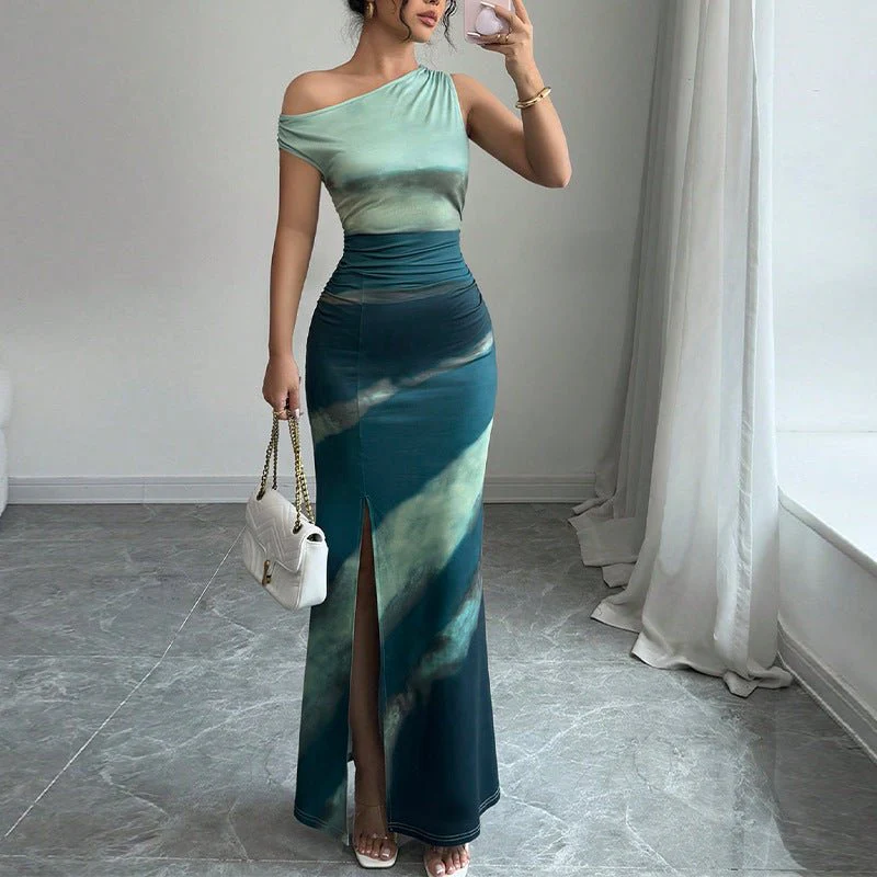The Gradient Edge | Women's Asymmetrical Shoulder Contrasting Color Maxi Dress - Image 4