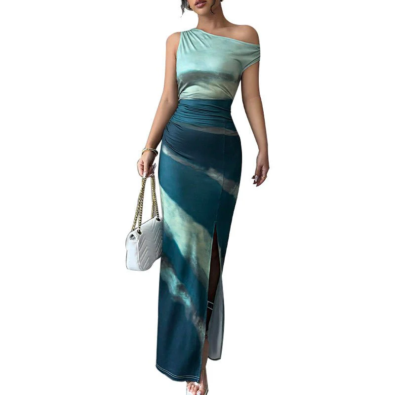 The Gradient Edge | Women's Asymmetrical Shoulder Contrasting Color Maxi Dress - Image 5