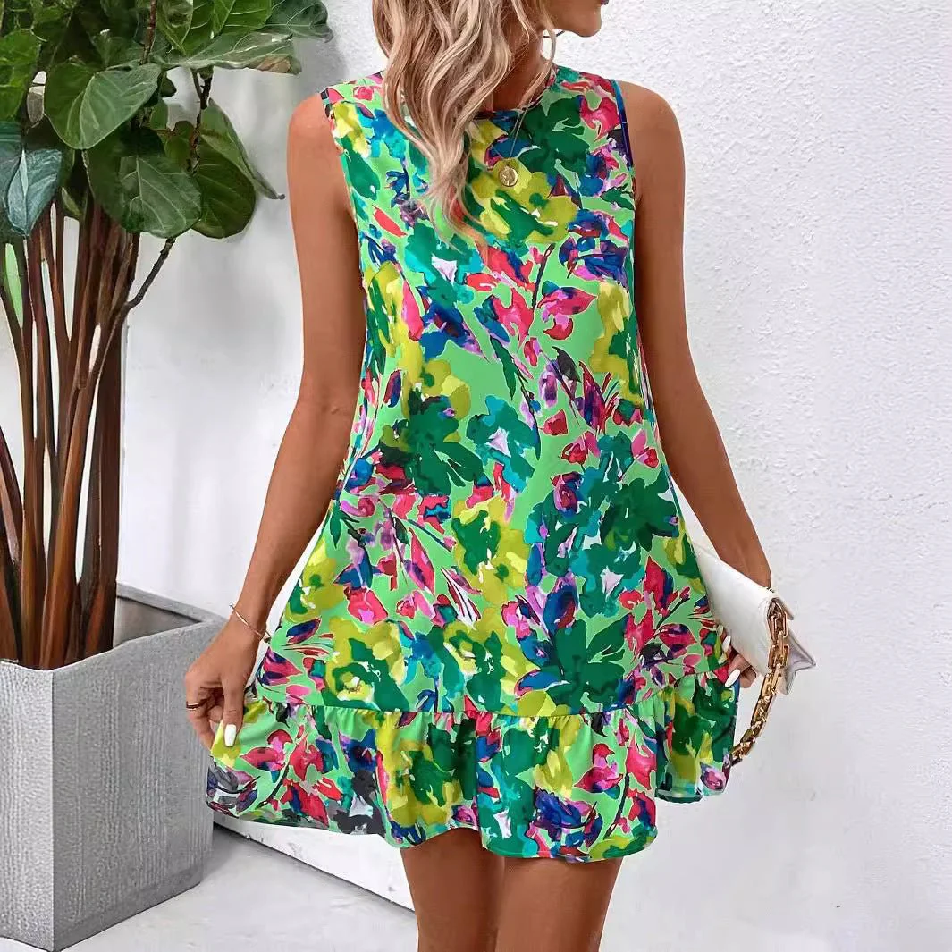 The Green Blossom | Women's Floral Print Sleeveless Ruffle A-Line Mini Dress - Image 3