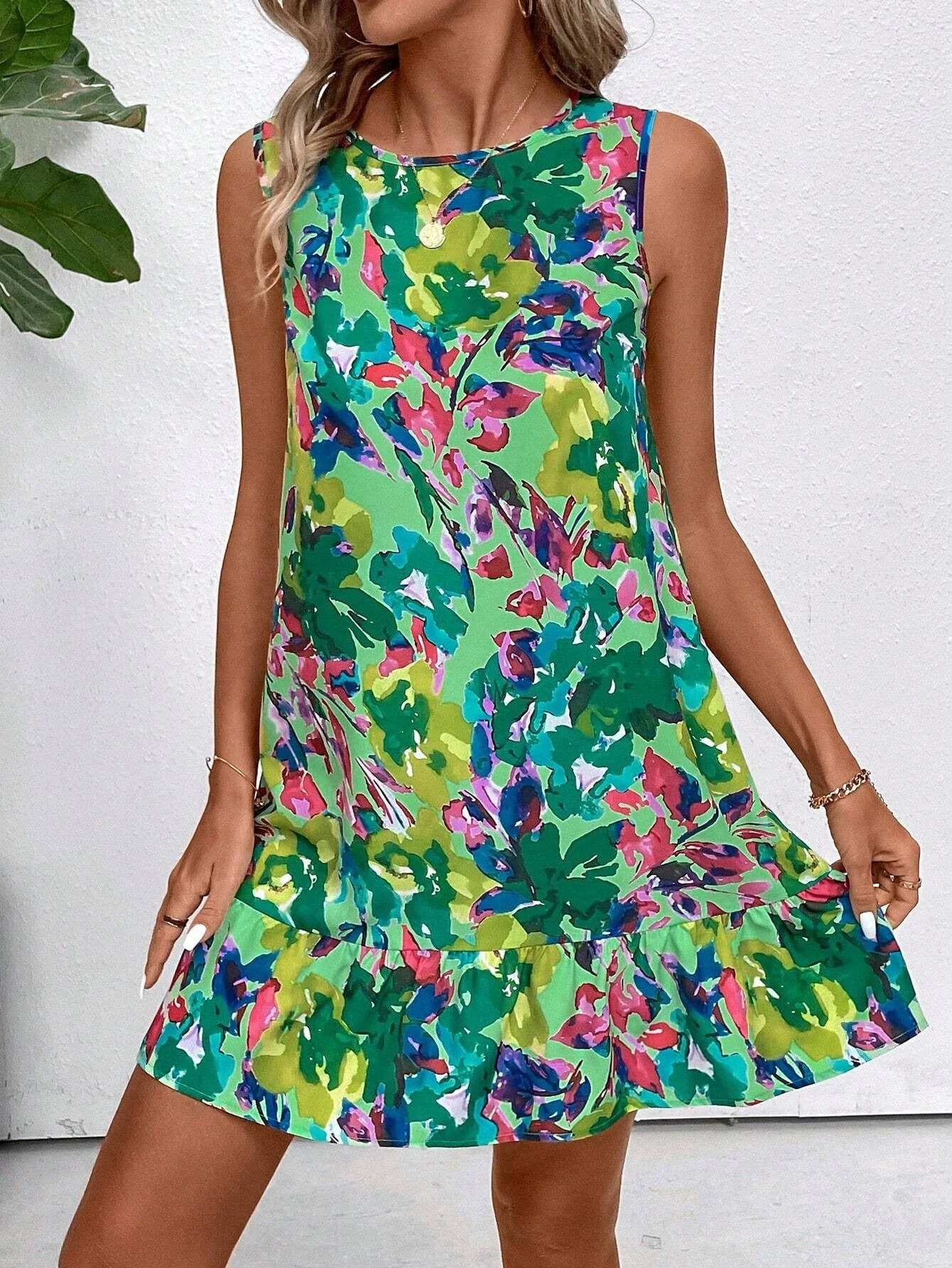 The Green Blossom | Women's Floral Print Sleeveless Ruffle A-Line Mini Dress - Image 6