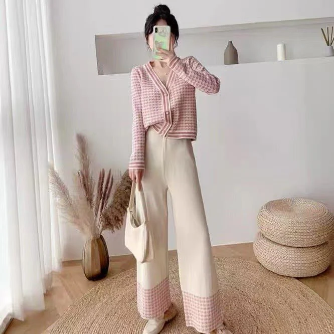 The Grid Muse | Women's Thousand Birds Grid Knitted Two-Piece Pants Set