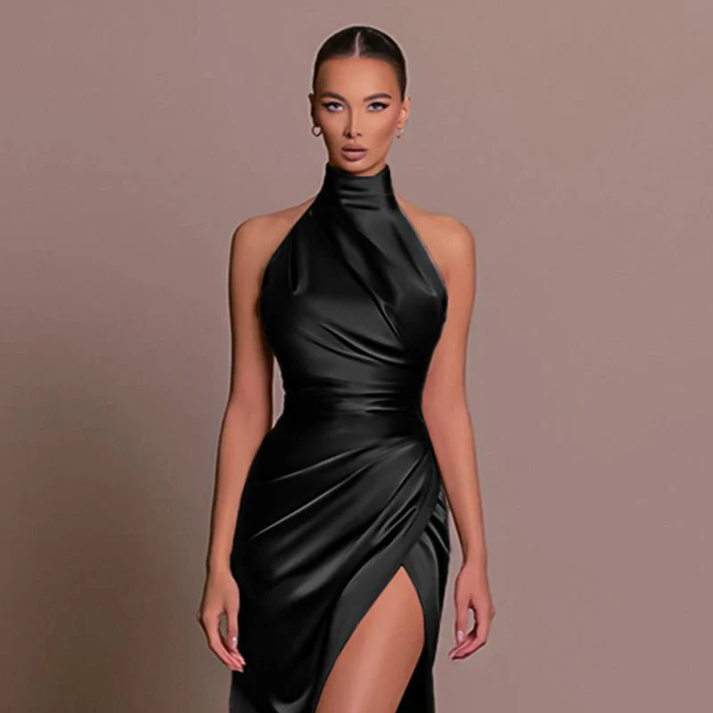 The Halter Elegance | Women's Sleeveless Stand Collar Slit Maxi Dress - Image 11