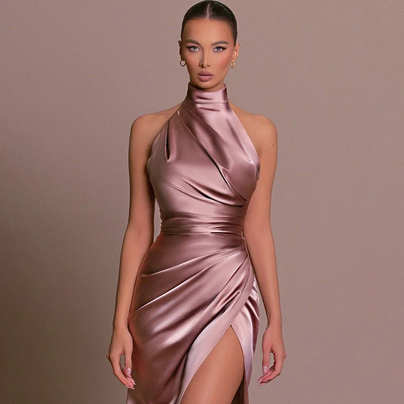 The Halter Elegance | Women's Sleeveless Stand Collar Slit Maxi Dress - Image 12