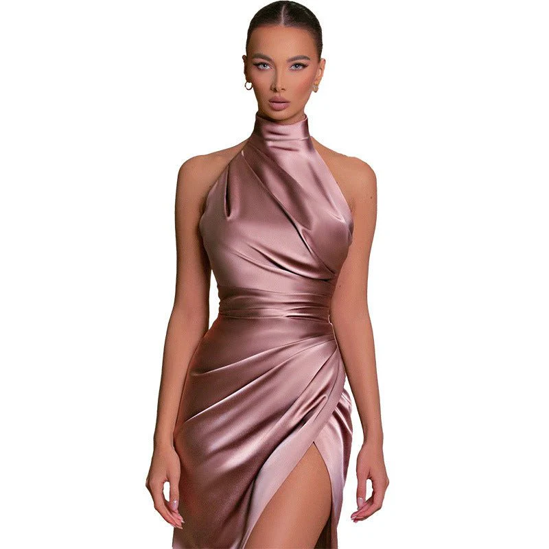 The Halter Elegance | Women's Sleeveless Stand Collar Slit Maxi Dress - Image 15