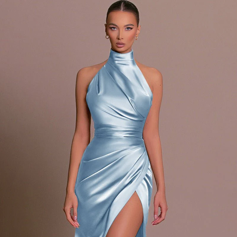 The Halter Elegance | Women's Sleeveless Stand Collar Slit Maxi Dress - Image 2