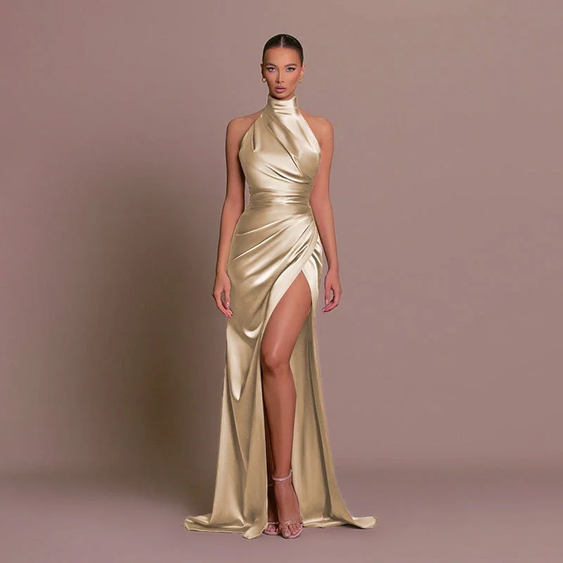 The Halter Elegance | Women's Sleeveless Stand Collar Slit Maxi Dress - Image 4