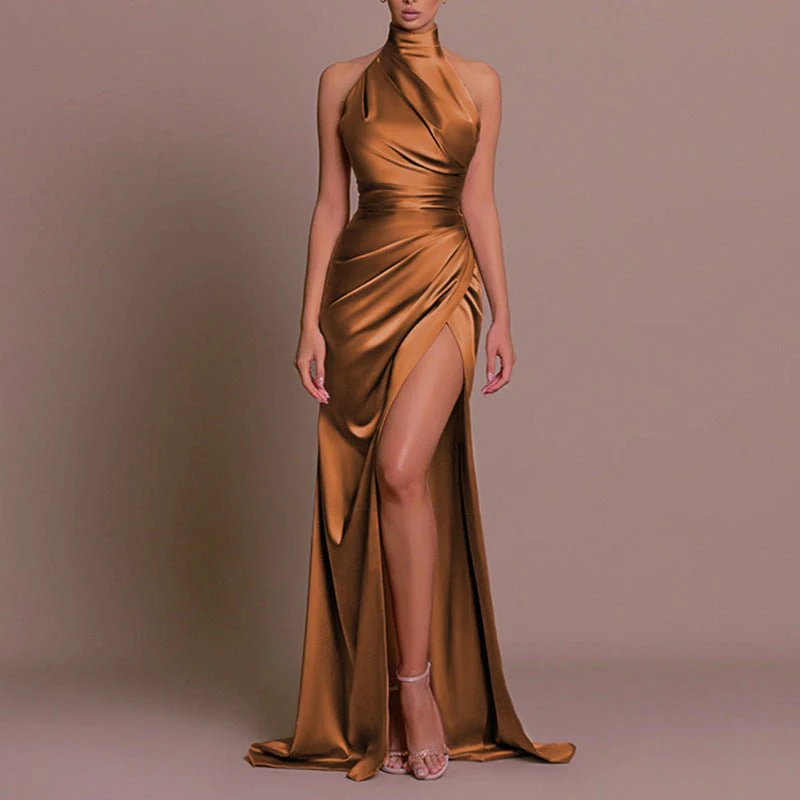 The Halter Elegance | Women's Sleeveless Stand Collar Slit Maxi Dress - Image 6
