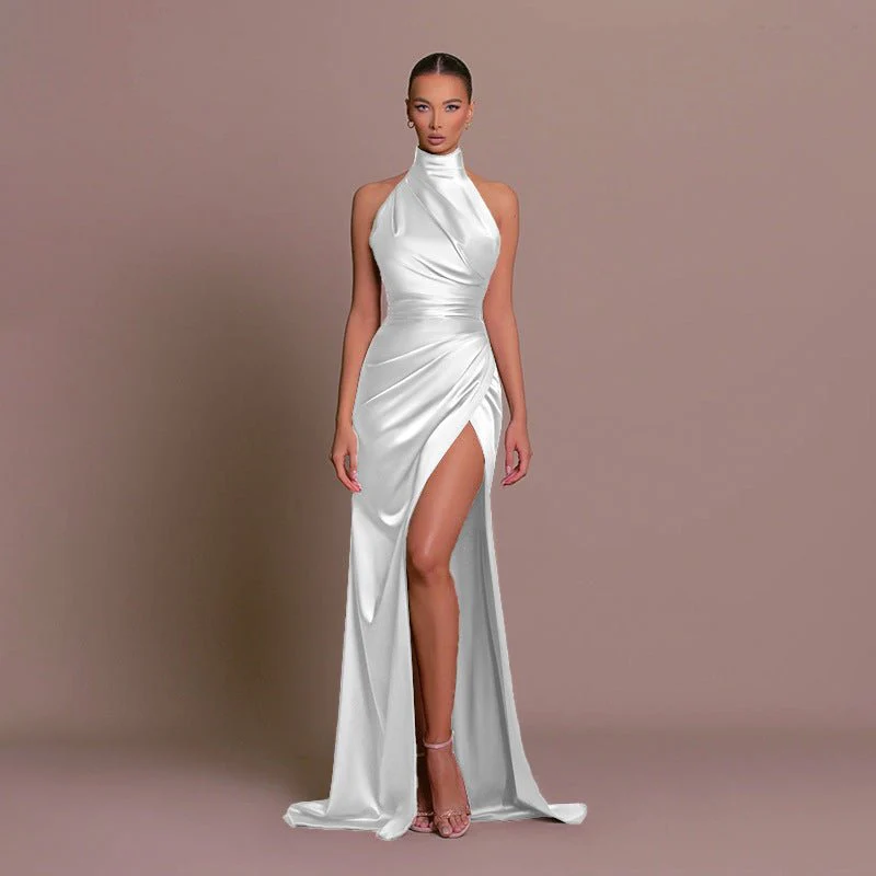 The Halter Elegance | Women's Sleeveless Stand Collar Slit Maxi Dress - Image 8