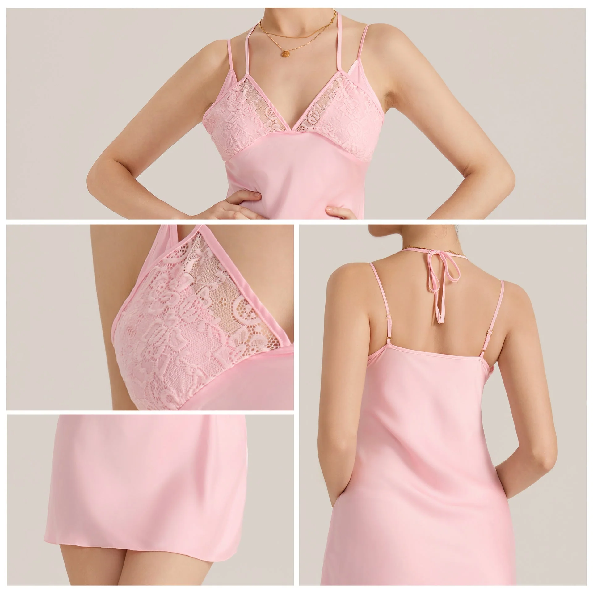 The Halter Seduction | Solid Color Lace Halter Tie-Strap Mini Satin Sleep Dress - Image 4
