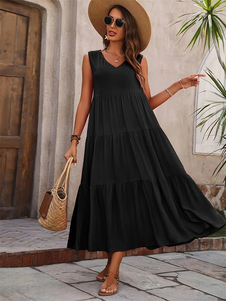 The Holiday Glow | Solid Color V-Neck Layered Ruffled Cake Maxi Dress - Image 5