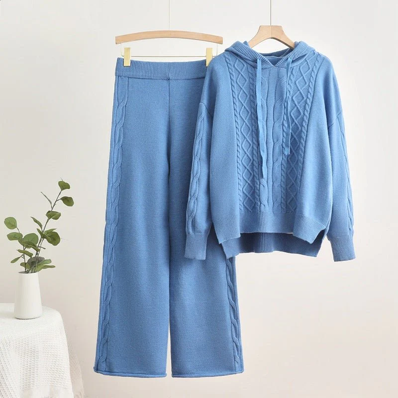 The Hooded Harmony | Women's Knitted Hooded Drawstring Sweater & Wide-Leg Pants Set