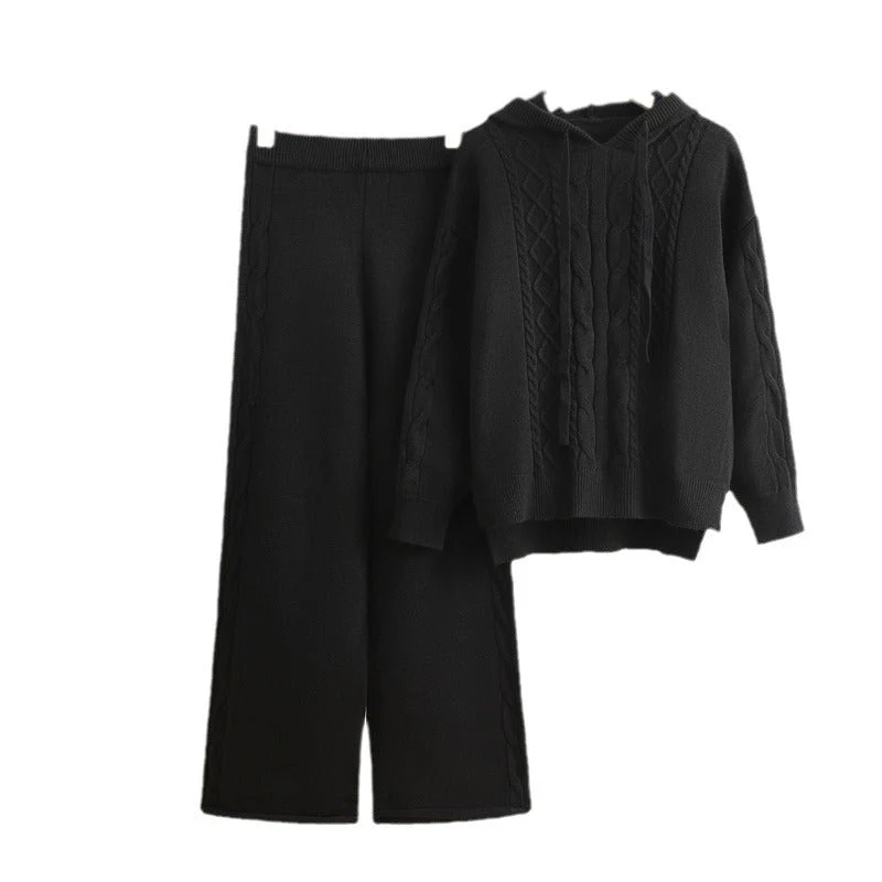 The Hooded Harmony | Women's Knitted Hooded Drawstring Sweater & Wide-Leg Pants Set - Image 5